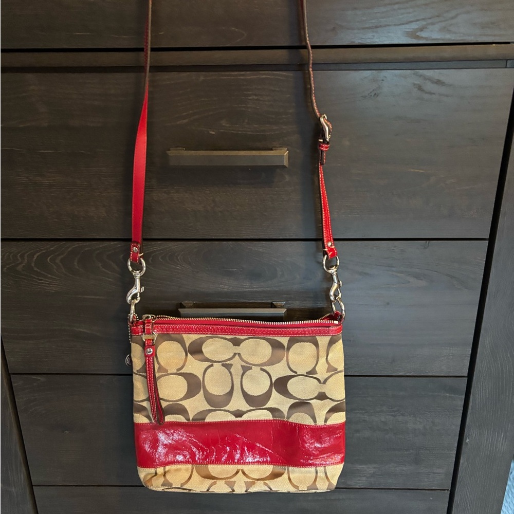 Coach Red and Tan Crossbody Bag with Signature Pattern